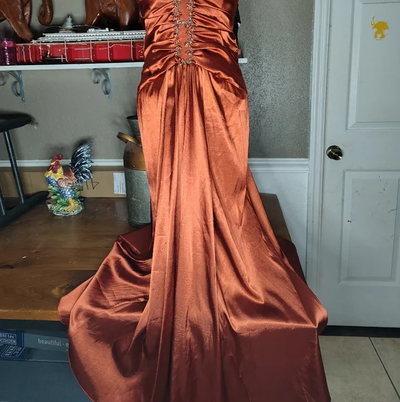 Free Sterling W/ Purch Jessica McClintock Gown Dress Burnt Rust Orange Beading 8 - Picture 4 of 13